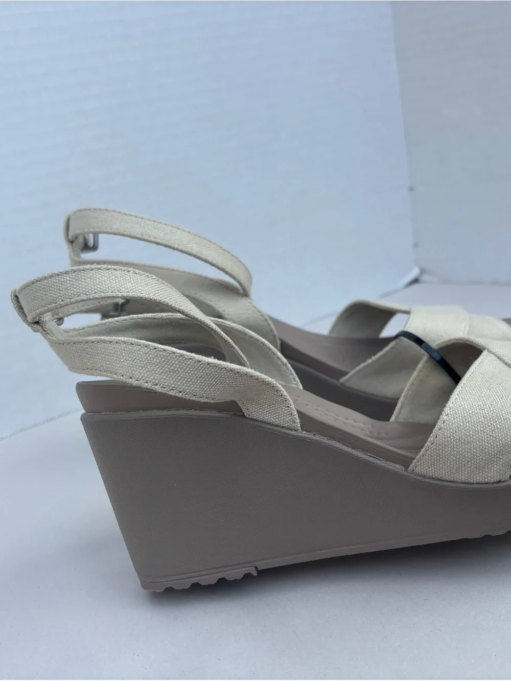 Crocs Leigh Beige Canvas Ankle Strap Wedge Sandals